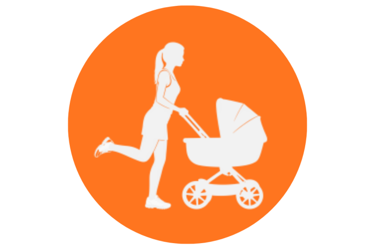 Outdoor Mama Fitness Eine Frau joggt mit einem Kinderwagen in einem orangefarbenen Kreis.