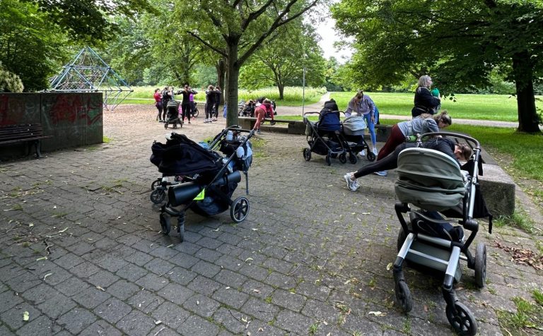 Outdoor Mama Fitness Frankfurt Mama Fitness Kurs im Sinaipark Frankfurt am Main unter Bäumen mit Sportmatten und Kinderwagen.