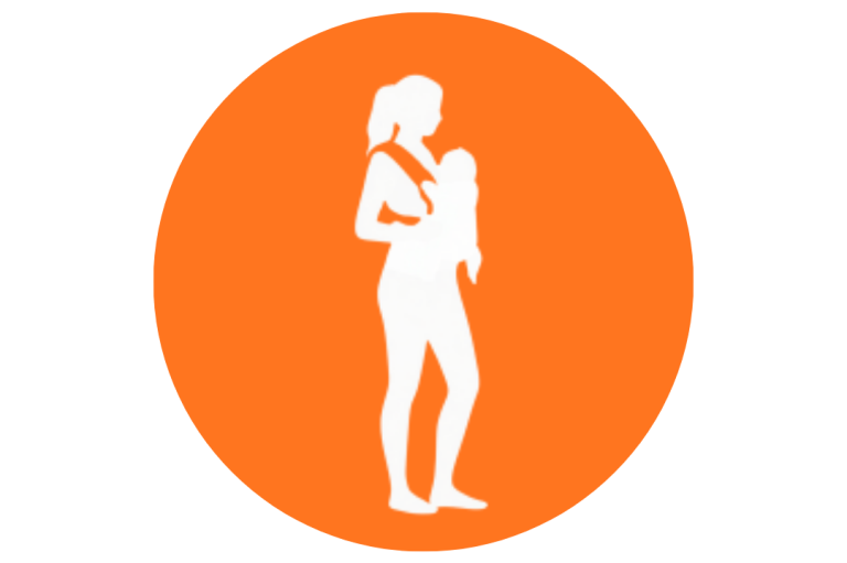 Trageberatung Frankfurt Silhouette einer stehenden Frau mit Baby im Tragetuch auf orangefarbenem Hintergrund.